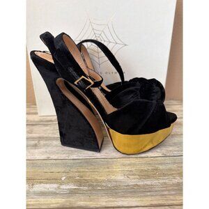 Charlotte Olympia Black Velvet Wedge Sandals with Gold Platform